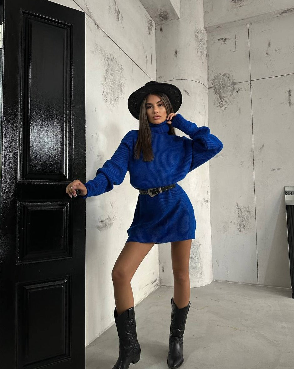 Kai Blue Turtleneck Sweater Tunic Mini Dress front view showcasing the stylish turtleneck and vibrant blue color, available at Mutu.shop