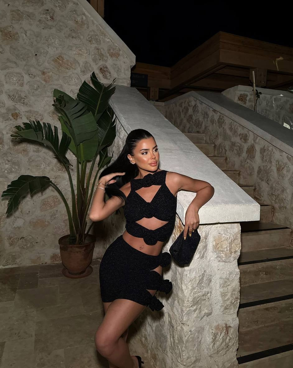 Close-up of the Ibiza Nights Glitter Set showing the detailed cut-out design of the crop top"