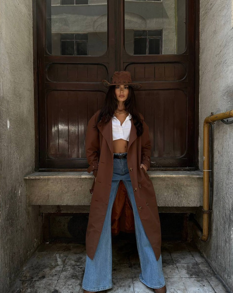 Mutu Aisha Brown Trench Coat draped elegantly on a model