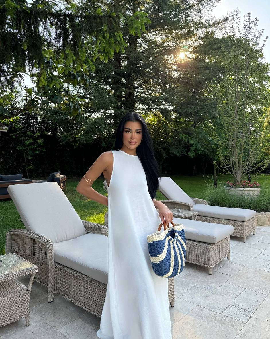 Santorini Breeze Maxi Dress showcasing the front its elegant length and fit