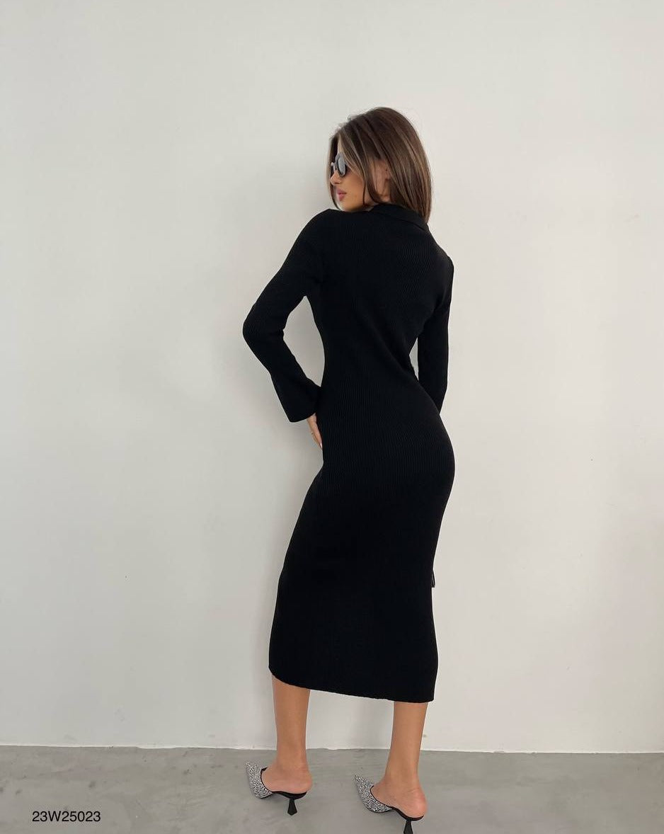 Back view of Soiree Ribbed Knit Maxi Dress in Timeless Black.