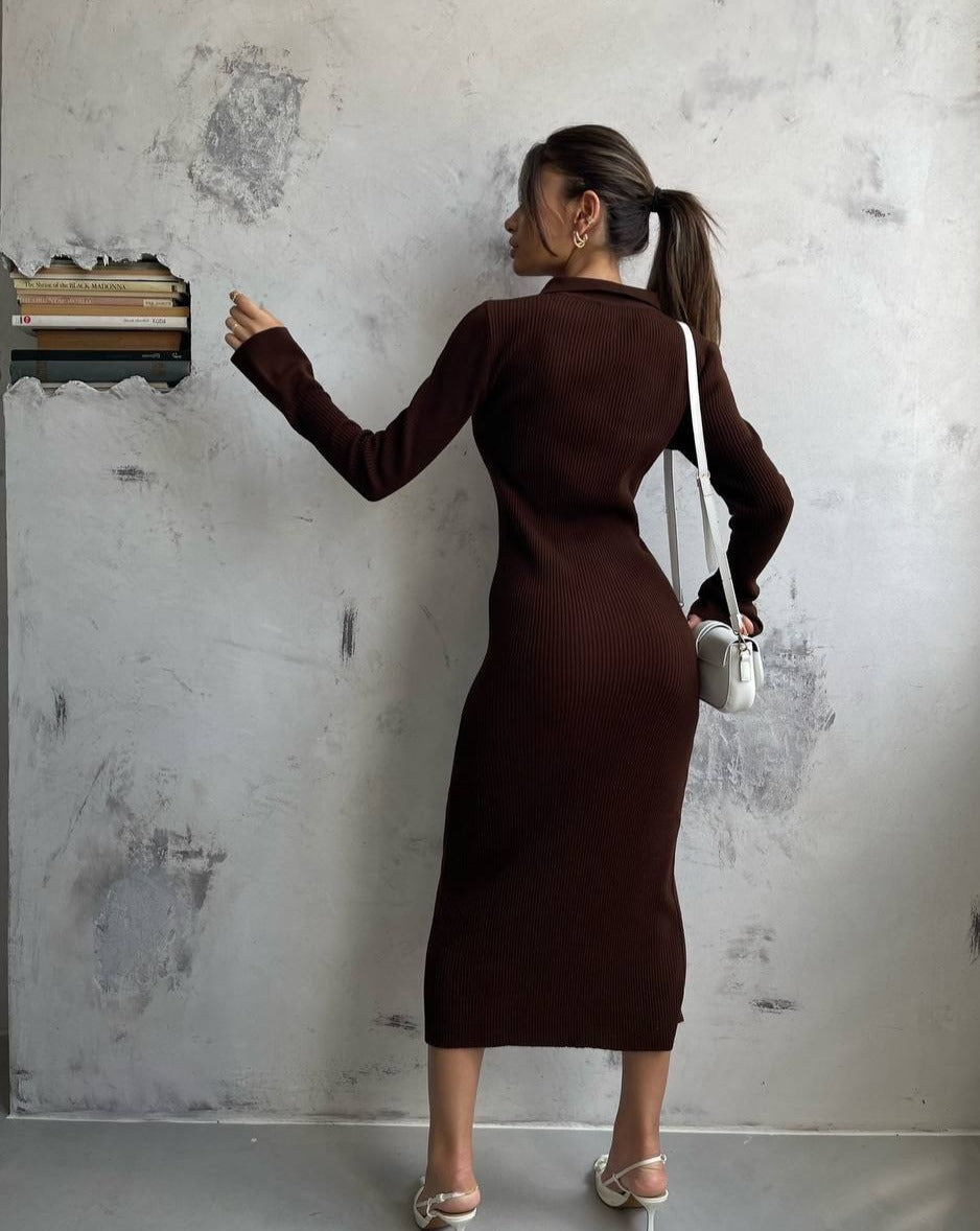 Back view of Soiree Ribbed Knit Maxi Dress in Rich Brown.