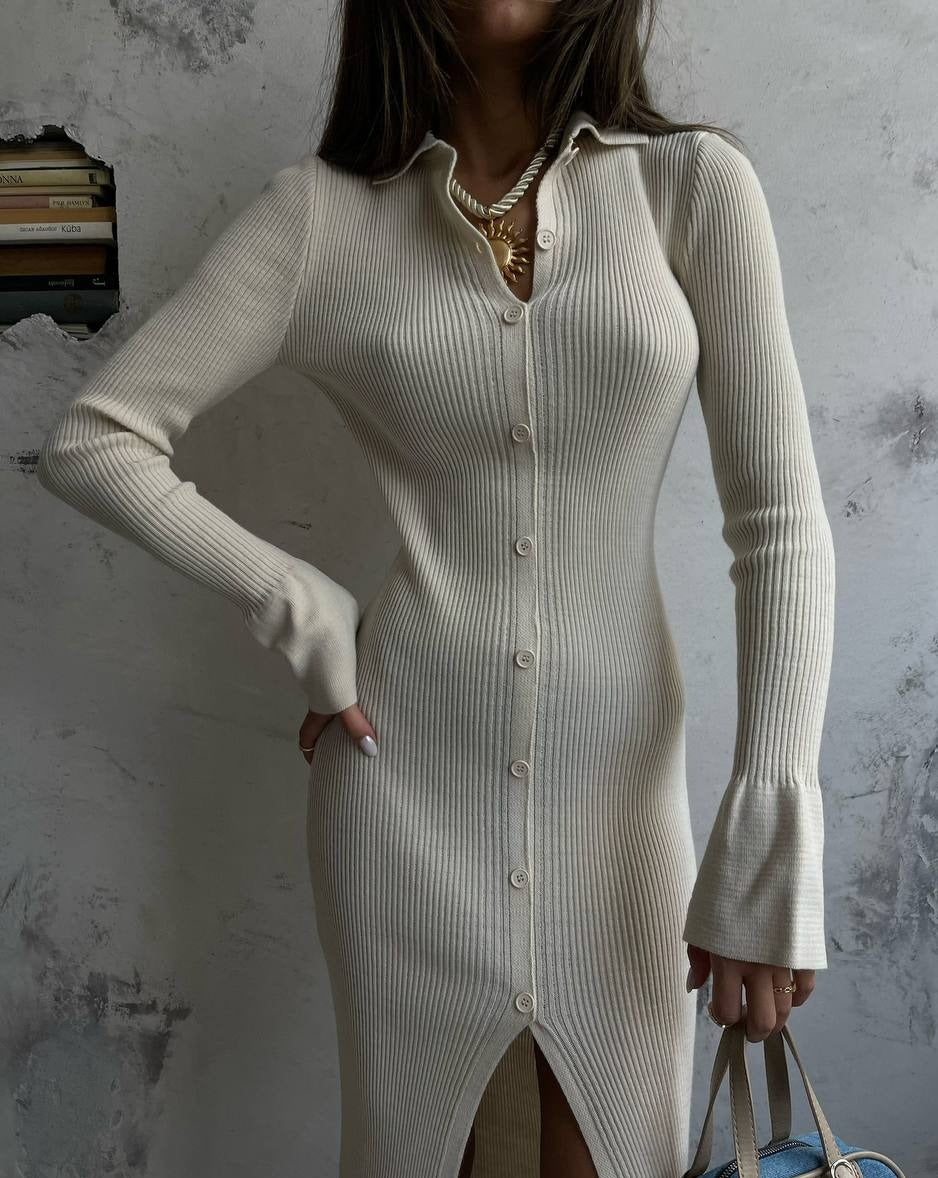 Front view of Soiree Ribbed Knit Maxi Dress in Elegant Cream