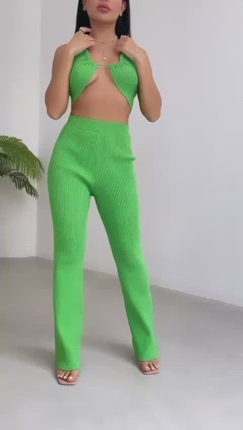 Nadia Knit Ribbed Halter Crop Top & Pant Set - Green