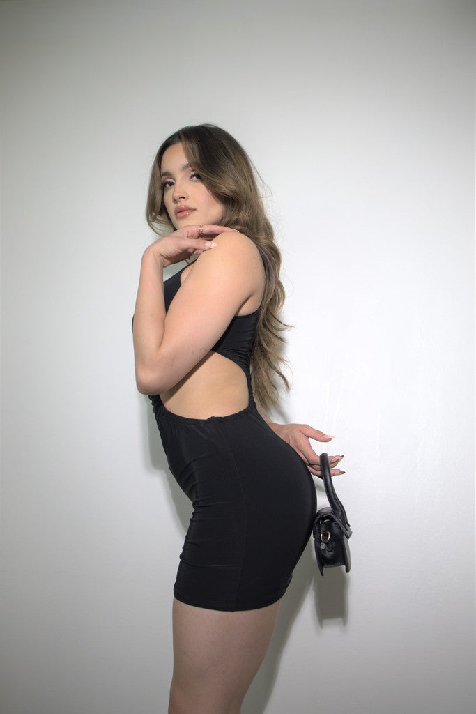 Zoe black mini dress with unique scrunch side detail | MUTU