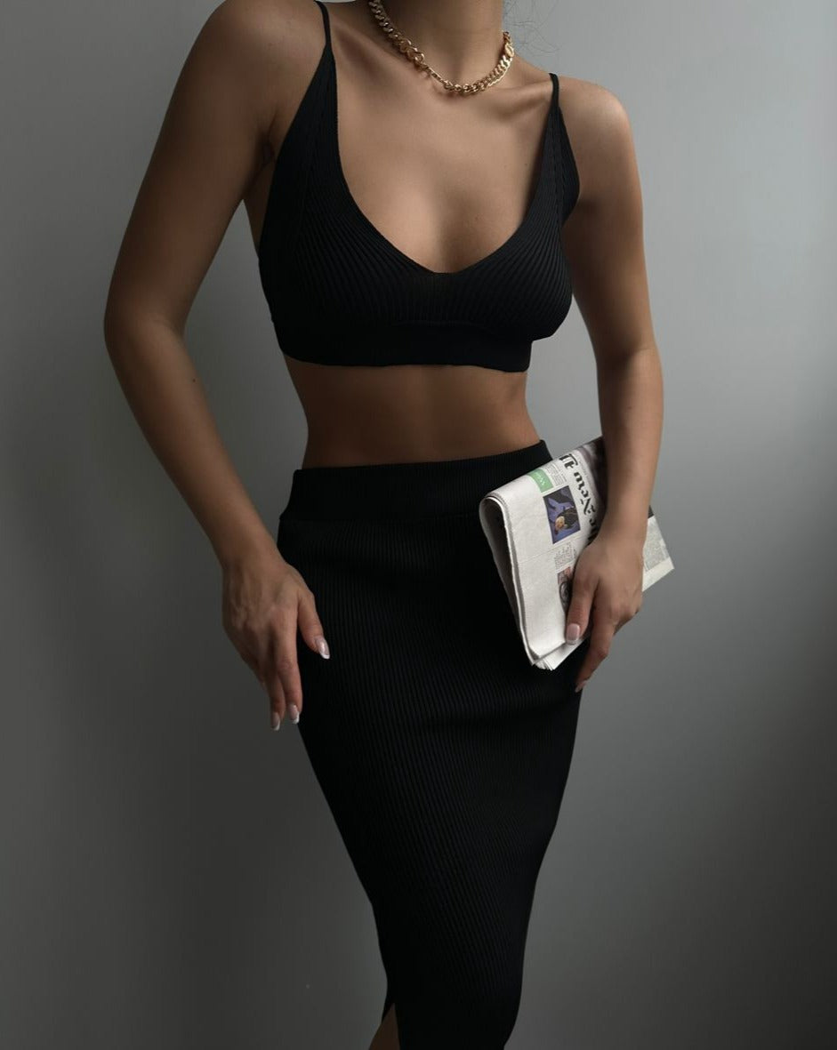 PRE-ORDER Ibiza Crop Top & Slit Maxi Skirt Set Black
