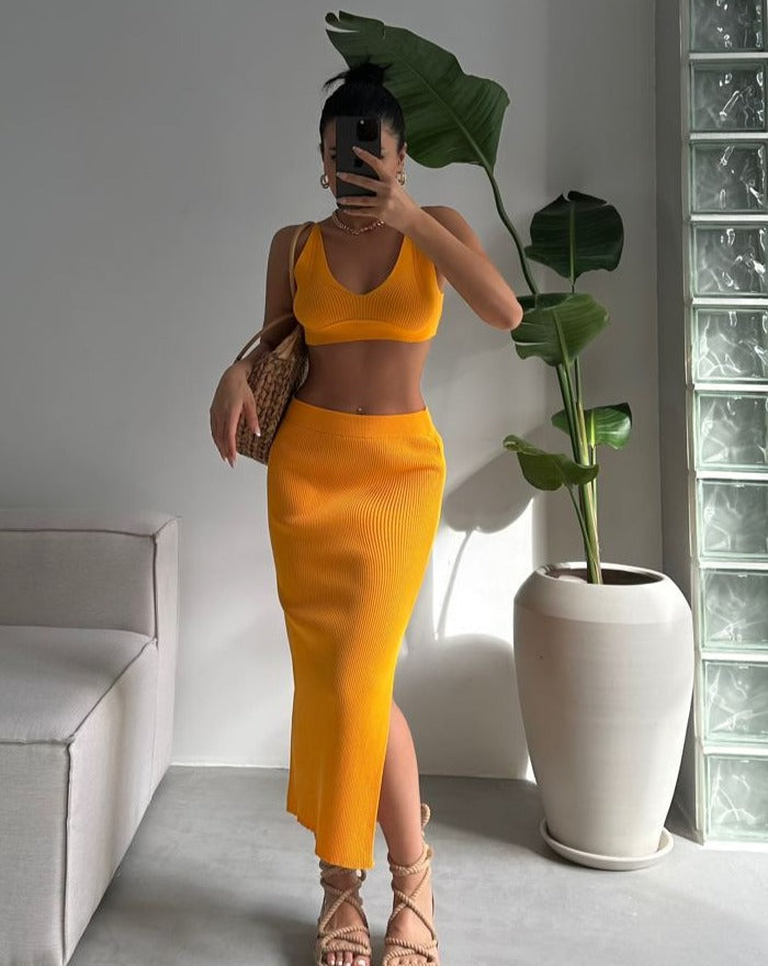 PRE-ORDER Ibiza Crop Top & Slit Maxi Skirt Set Mustard