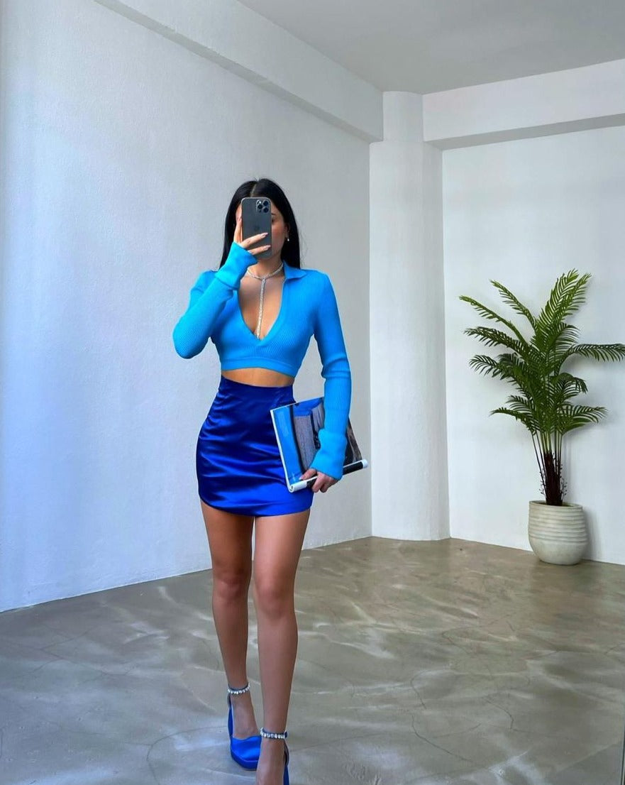 Side View of Ava Ribbed Blue Long Sleeve Crop Top with Collar