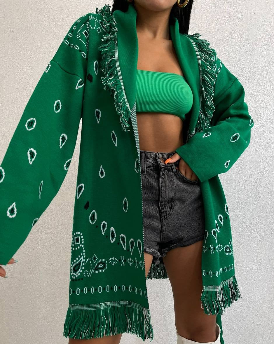 Rue Jacquard Bandana Embroidered Fringed Cardigan In Green & White