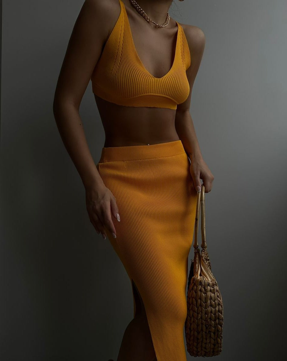 PRE-ORDER Ibiza Crop Top & Slit Maxi Skirt Set Mustard