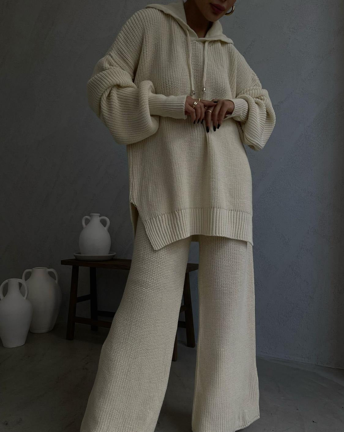 Jovie Rib Knit Cashmere Blend Oversized Sweater & Trouser Set In Beige