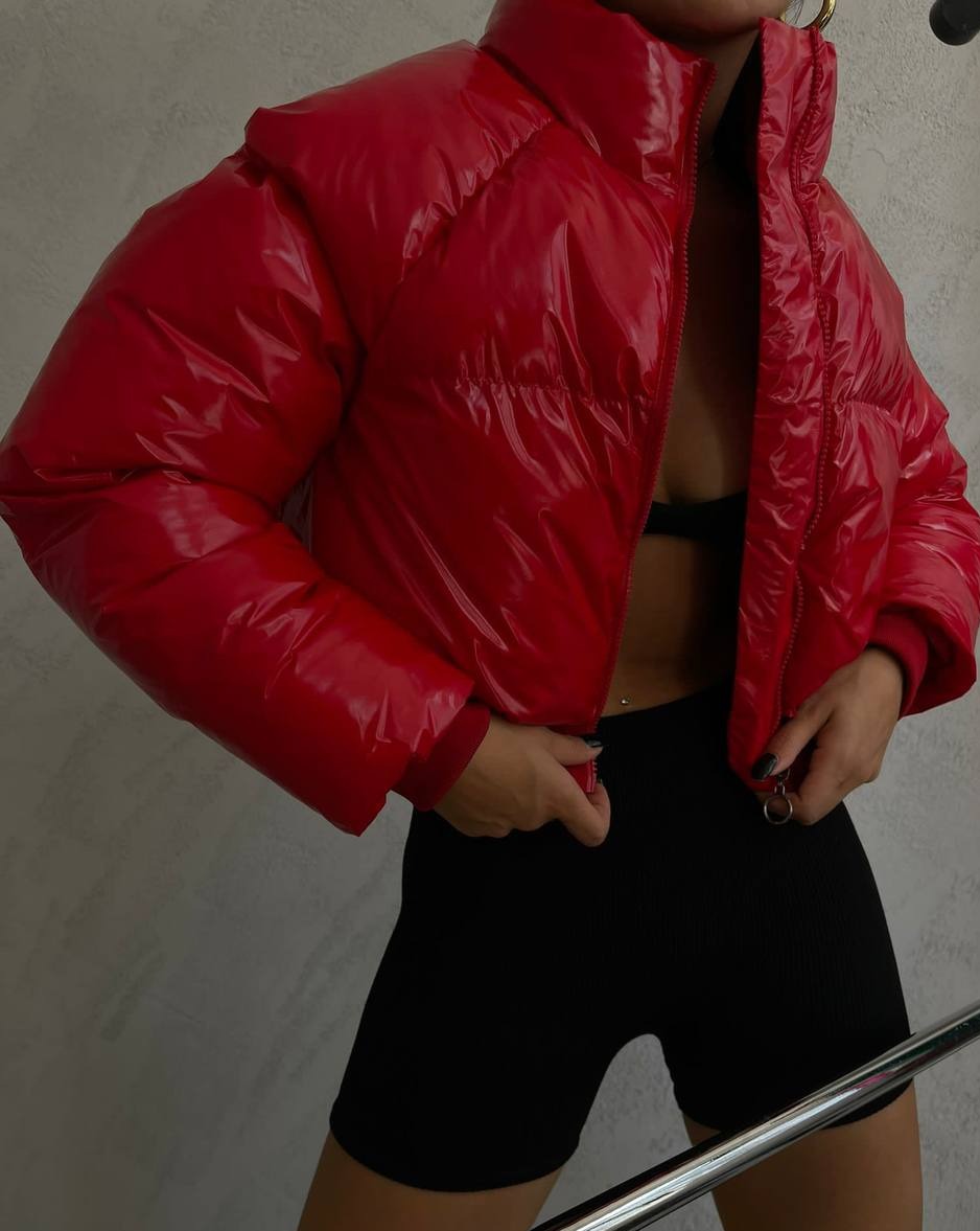 Red DEVI puffer jacket made responsibly in Turkey with 100% acrylic material