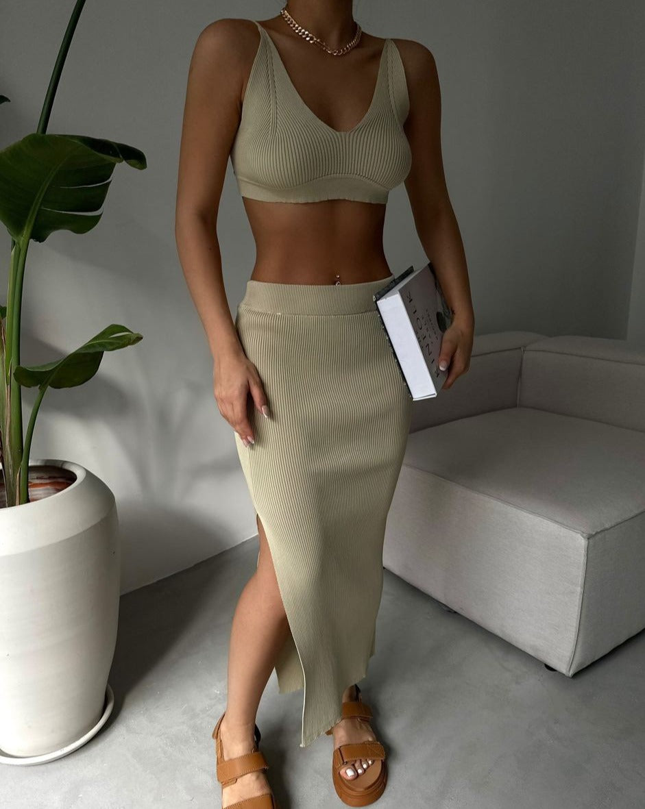 PRE-ORDER Ibiza Crop Top & Slit Maxi Skirt Set Beige