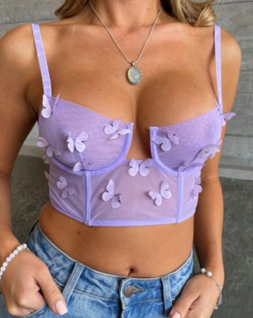 Lilac 3D Butterfly Applique Detail Mesh Bra Crop Top