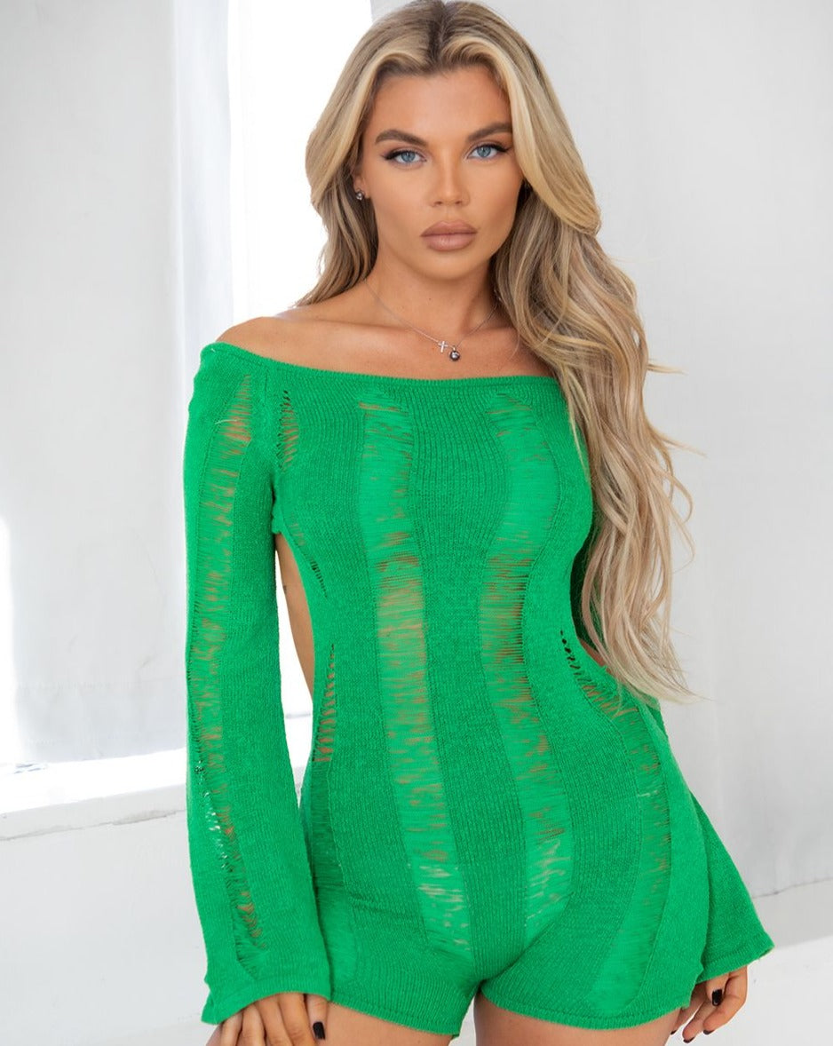 Long Sleeve Ladder Detail Distressed Knit Romper - Green