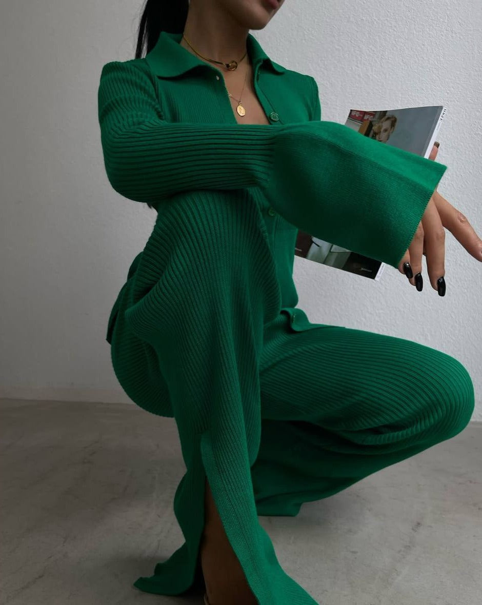 Woman wearing Eniko two-piece summer outfit in green