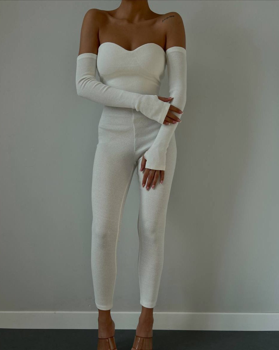 PRE-ORDER True Ribbed Off-Shoulder Full-Sleeve Jumpsuit - White
