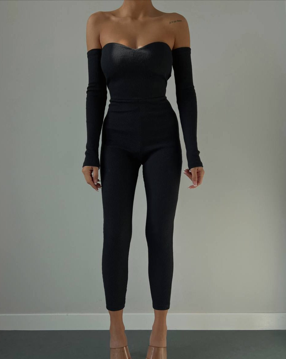 PRE-ORDER True Ribbed Off-Shoulder Full-Sleeve Jumpsuit - Black