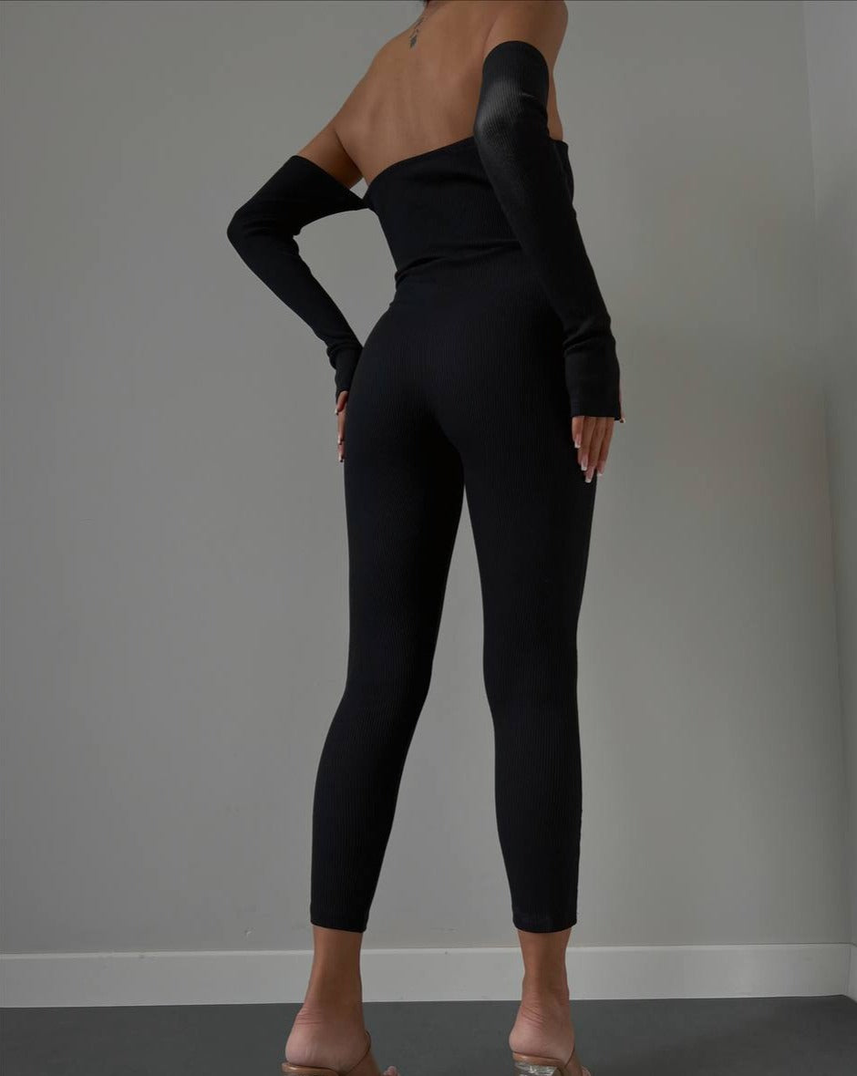 PRE-ORDER True Ribbed Off-Shoulder Full-Sleeve Jumpsuit - Black