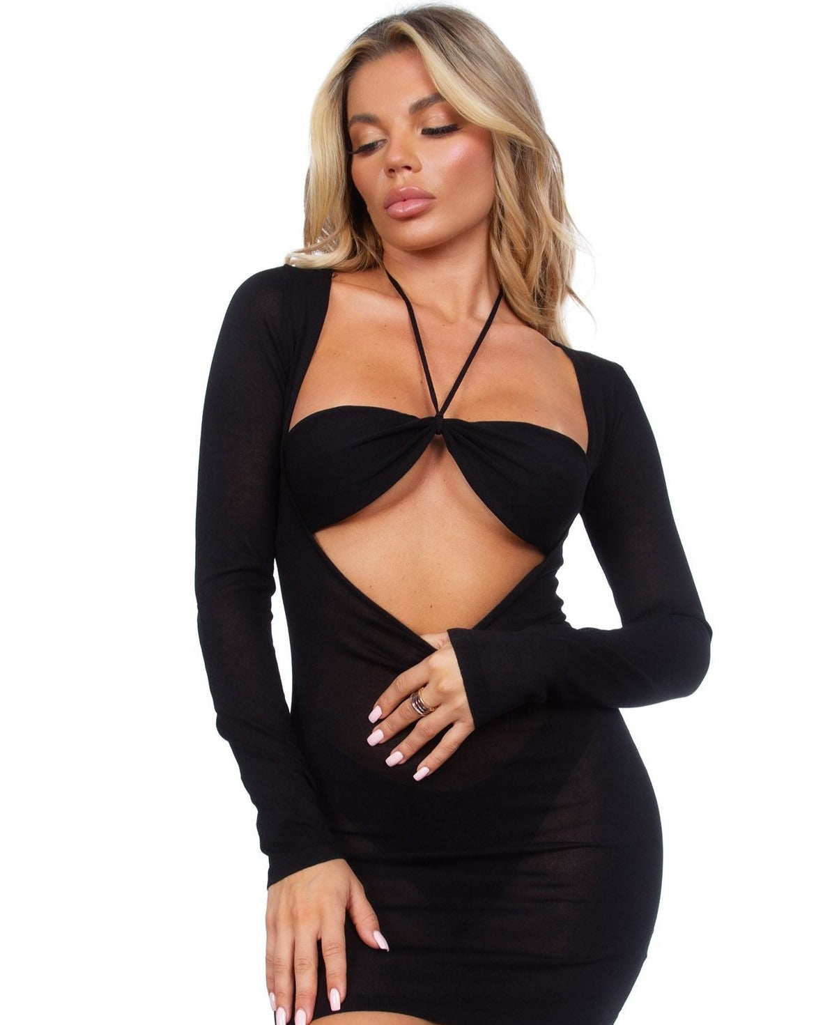 Resort Longsleeve Bodycon Dress Swim Cover Up - Black
