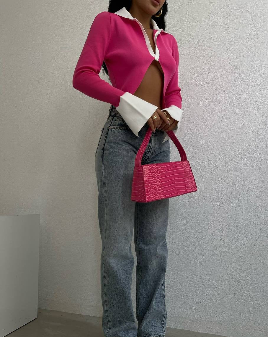 Close-up of front cut-out detail on Jodi Monochrome Crop Top in Pink