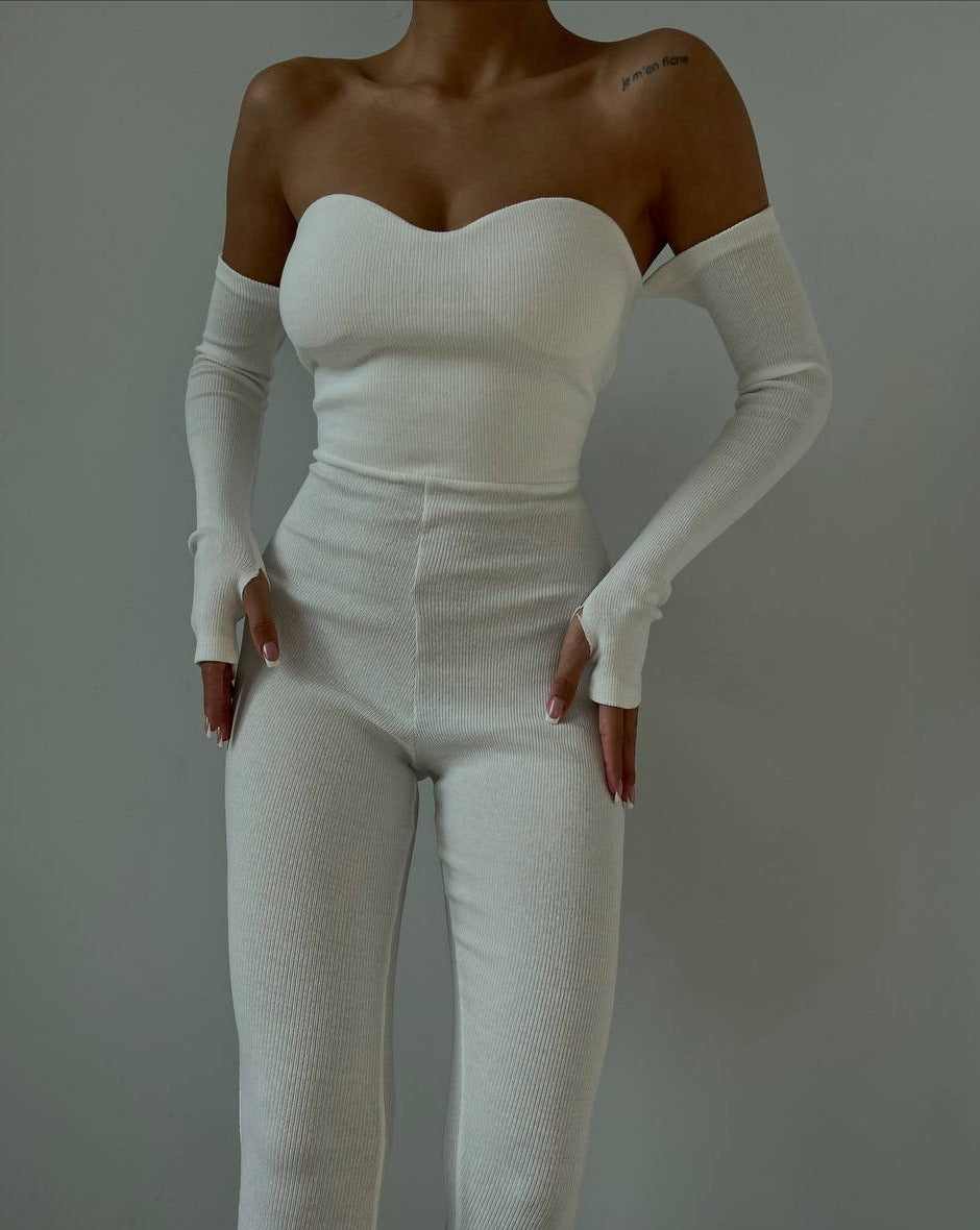 PRE-ORDER True Ribbed Off-Shoulder Full-Sleeve Jumpsuit - White