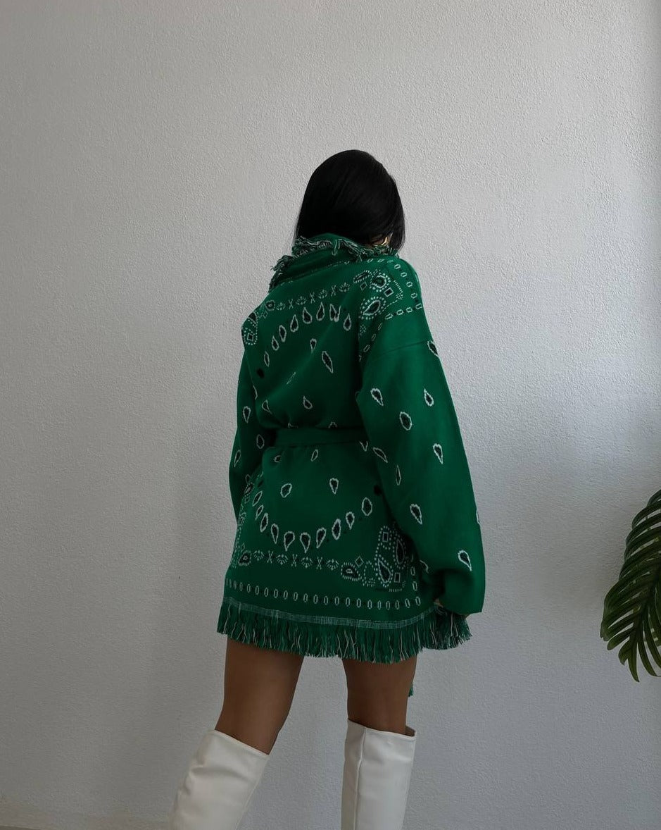 Rue Jacquard Bandana Embroidered Fringed Cardigan In Green & White