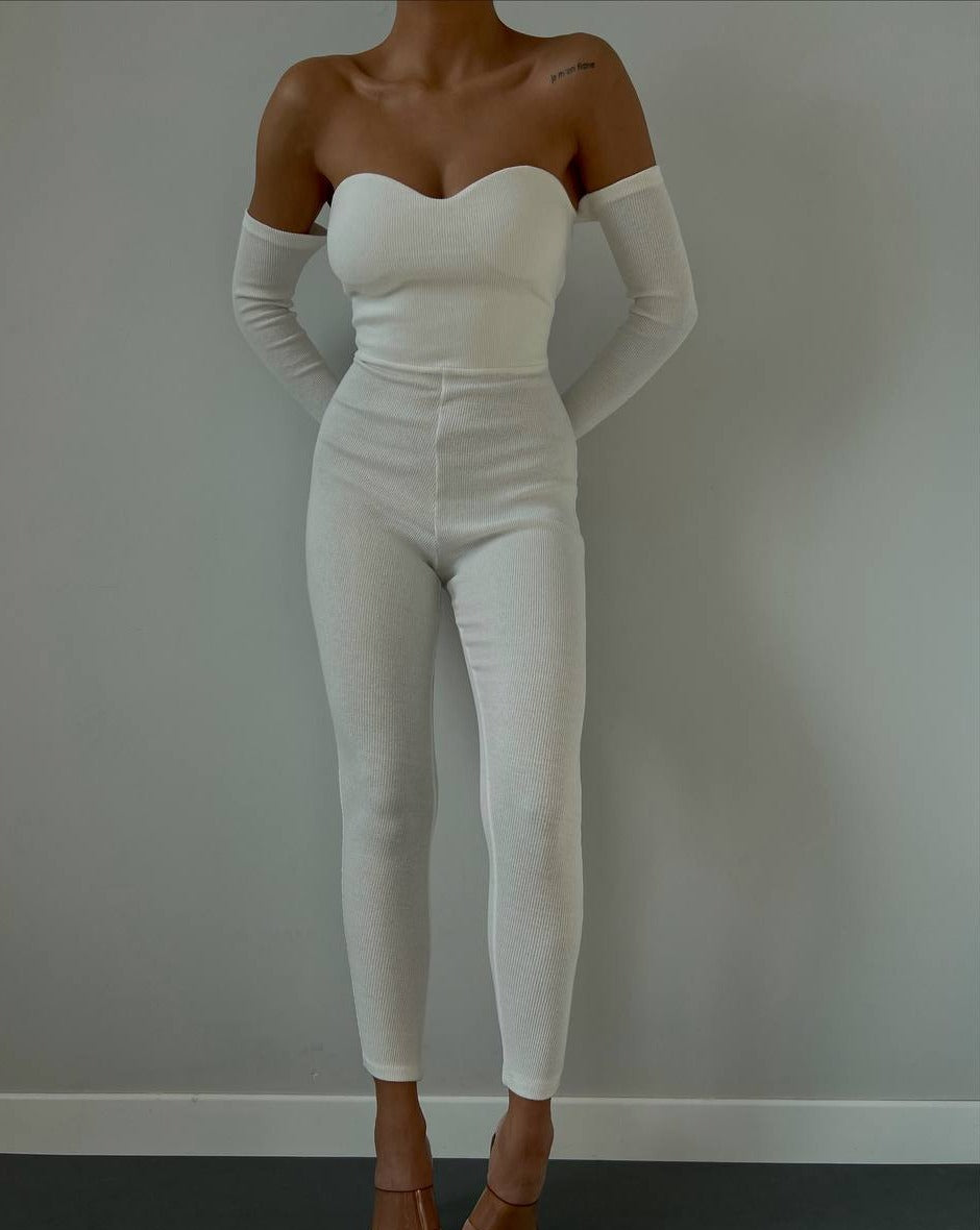 PRE-ORDER True Ribbed Off-Shoulder Full-Sleeve Jumpsuit - White