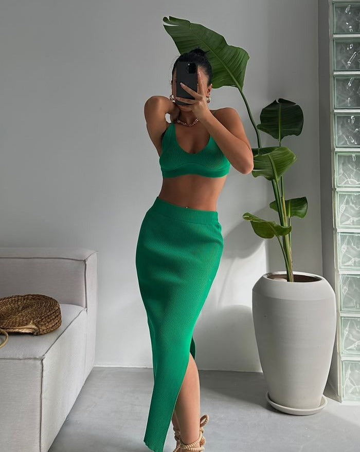 PRE-ORDER Ibiza Crop Top & Slit Maxi Skirt Set Green