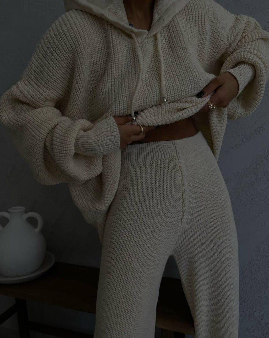 Jovie Rib Knit Cashmere Blend Oversized Sweater & Trouser Set In Beige