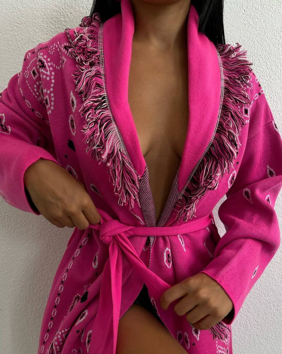 Rue Jacquard Bandana Embroidered Fringed Cardigan In Pink & White