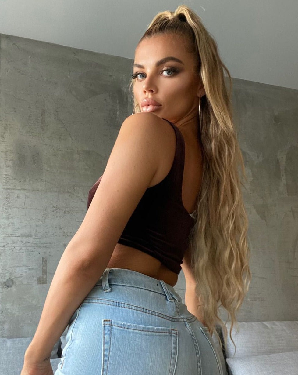 Close-up view of the angled ruched design and velvet texture on the Soul Brown Crop Bustier Top, highlighting its intricate details.