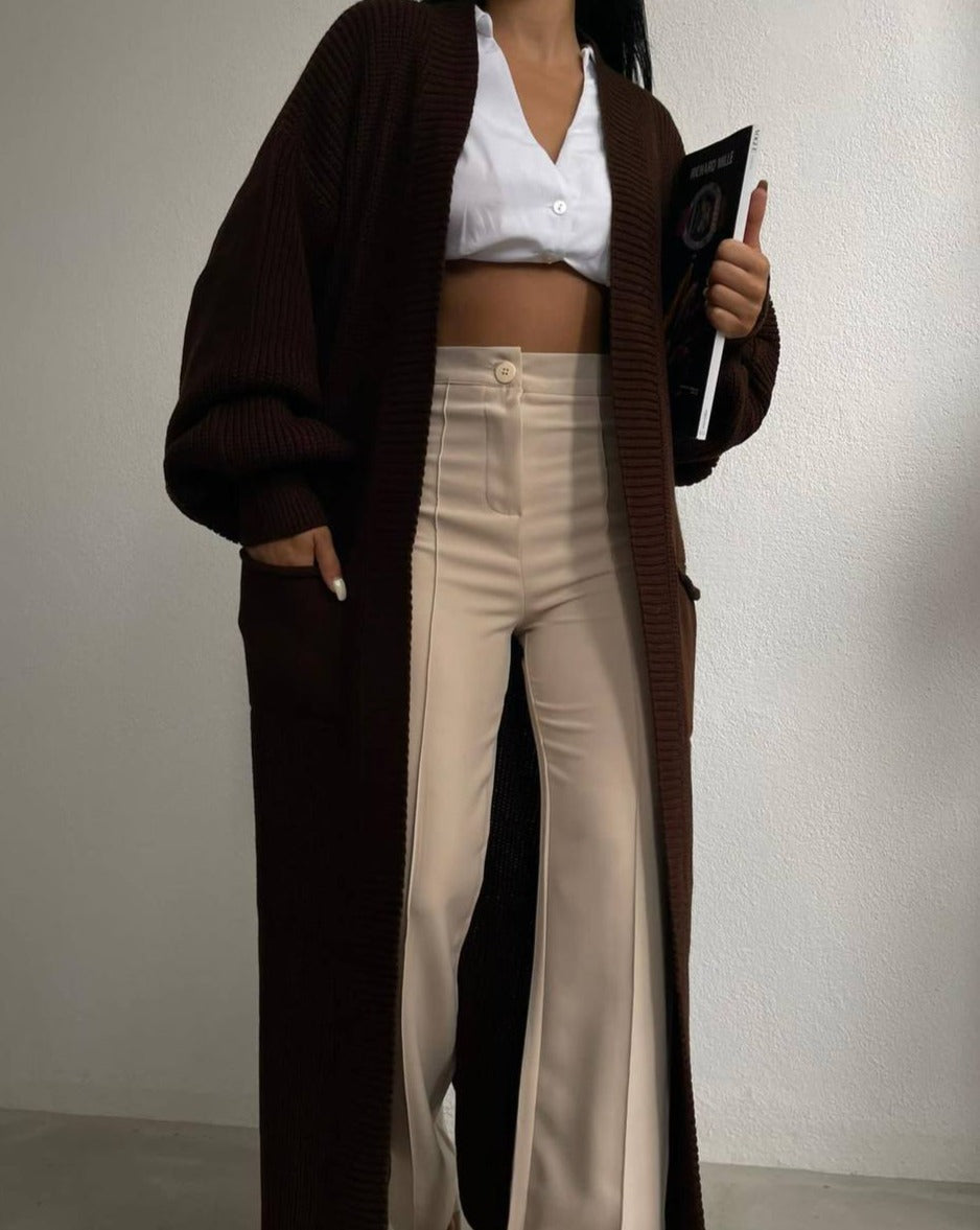 The Marlow Cardigan in a stylish maxi length with balloon sleeves.