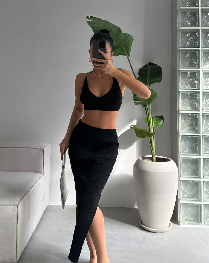 PRE-ORDER Ibiza Crop Top & Slit Maxi Skirt Set Black