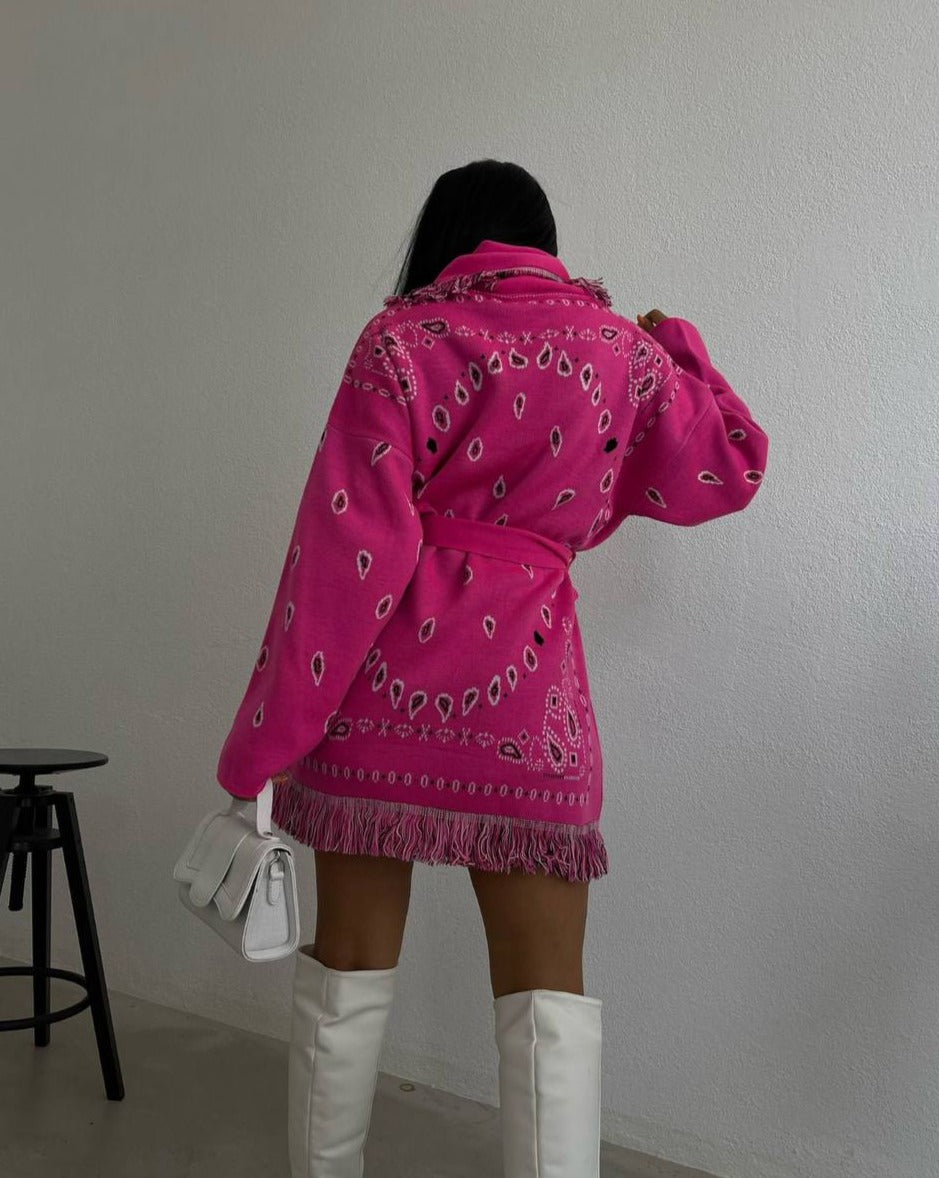 Rue Jacquard Bandana Embroidered Fringed Cardigan In Pink & White