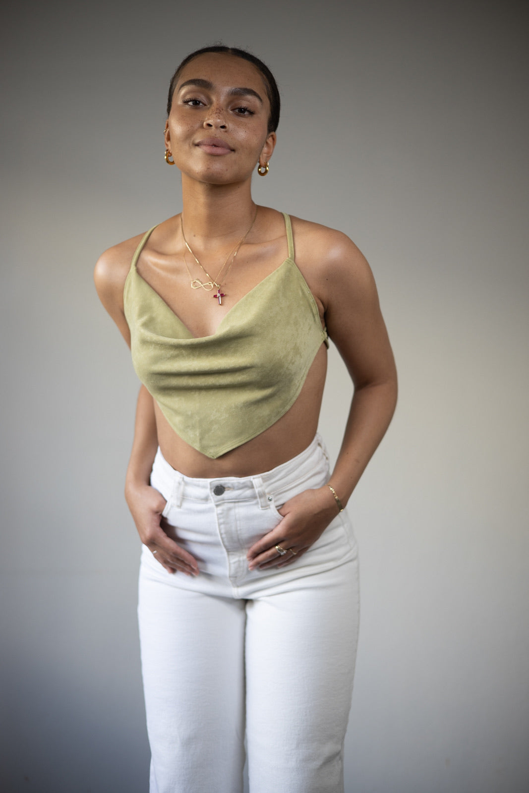 Elegant Woman Wearing Jade Green Corduroy Crop Top