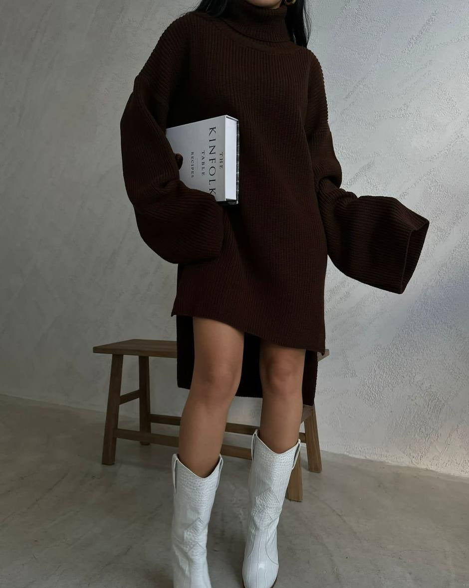 Siya Oversized Turtle Neck Slit Sweater Dress In Brown