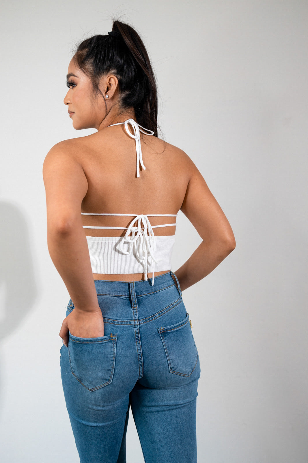 Gianna white crop top with halter neck and open back ties
