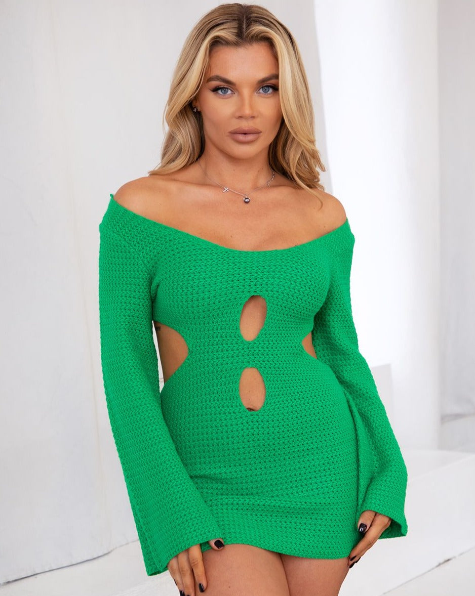 Isla Crochet Long Sleeve Mini Knit Dress - Green