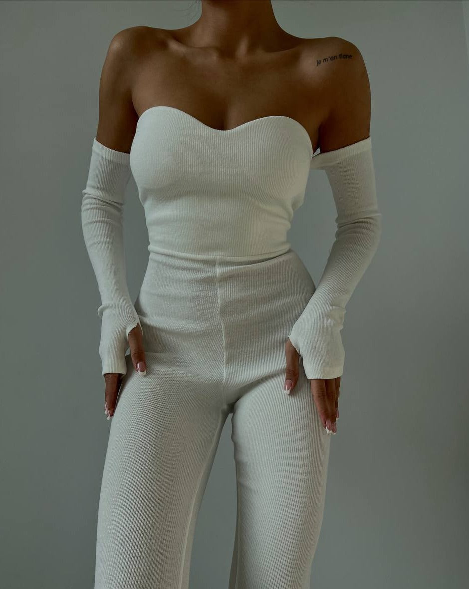 PRE-ORDER True Ribbed Off-Shoulder Full-Sleeve Jumpsuit - White