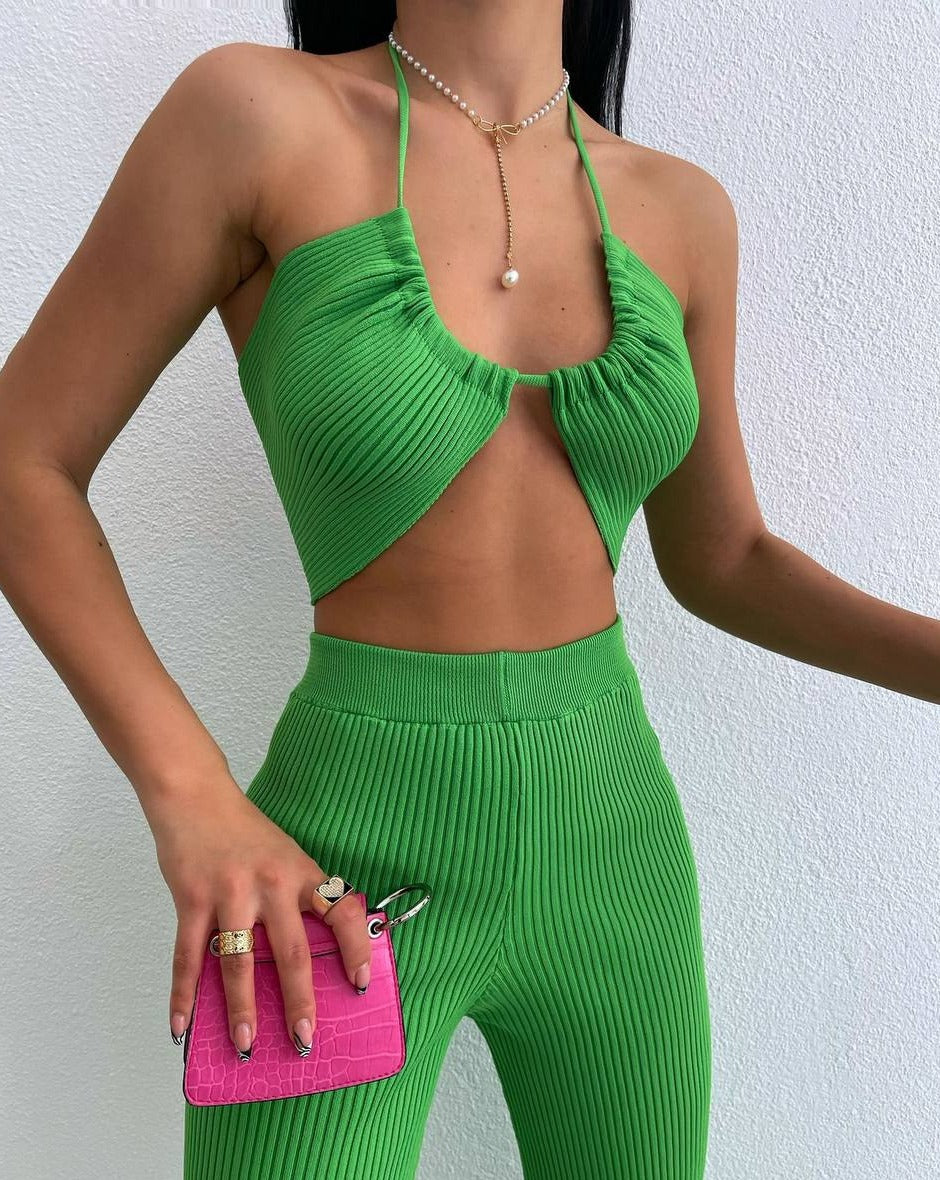 Nadia Knit Ribbed Halter Crop Top & Pant Set - Green