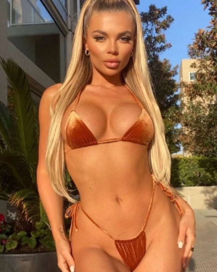Women’s sexy rib brown velvet designer thong triangle extreme micro string detail bikini set beach tie up swimsuit styles for you chic airport fashion luxe soft girl Instagram baddie vacation high waist bottom top two-piece set outfit inspo best-bathing suit nude dark orange neutral aesthetic body types halter textured female push up Brazilian side tie full microkini smallest cheeky island mini skimpy spring break college 2022 velvet poolside beach days vacays boat parties shape shoulder straps