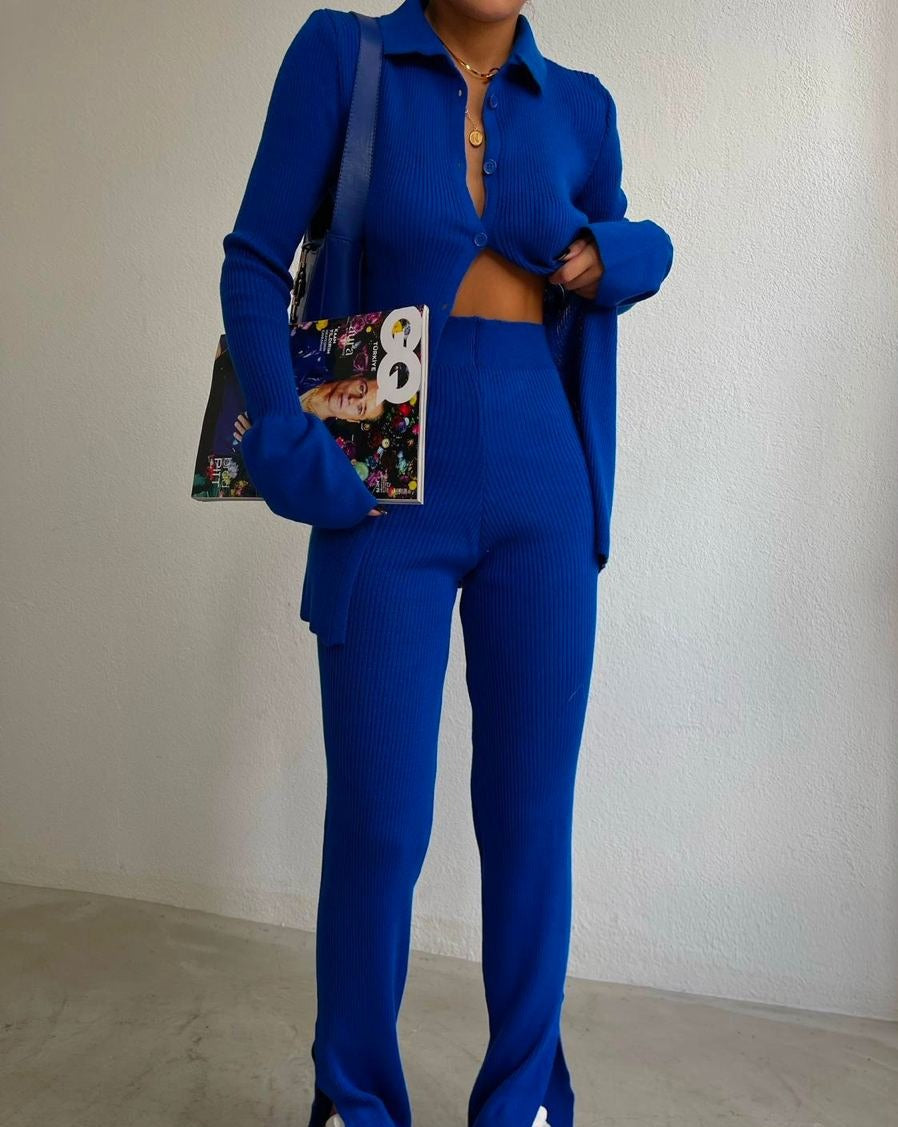 Eniko blue ribbed knit polo blouse with cuff sleeves