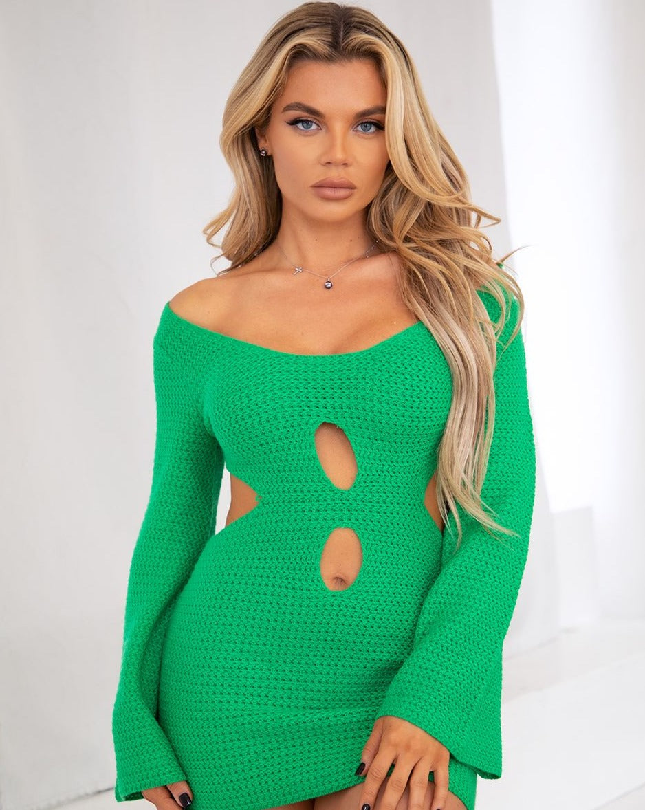 Isla Crochet Long Sleeve Mini Knit Dress - Green