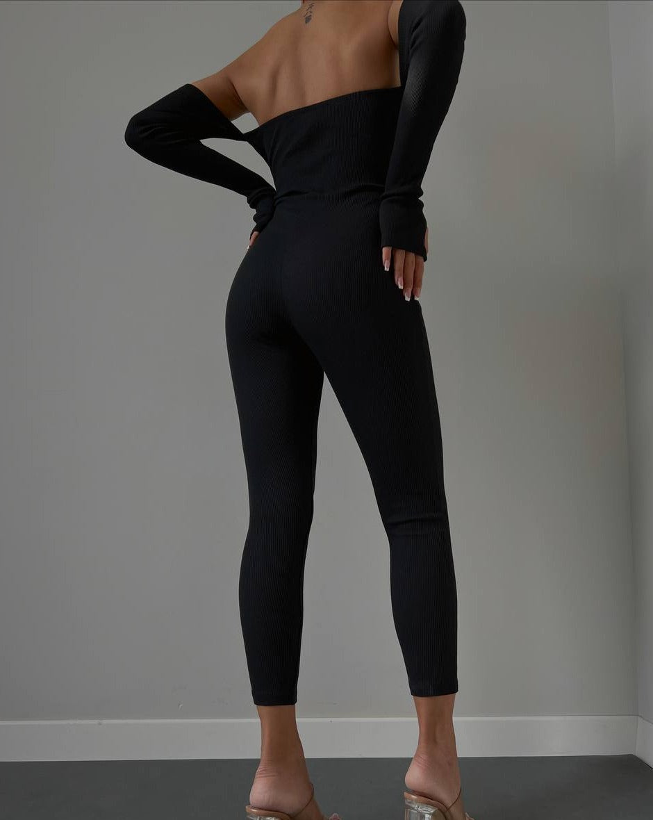 PRE-ORDER True Ribbed Off-Shoulder Full-Sleeve Jumpsuit - Black