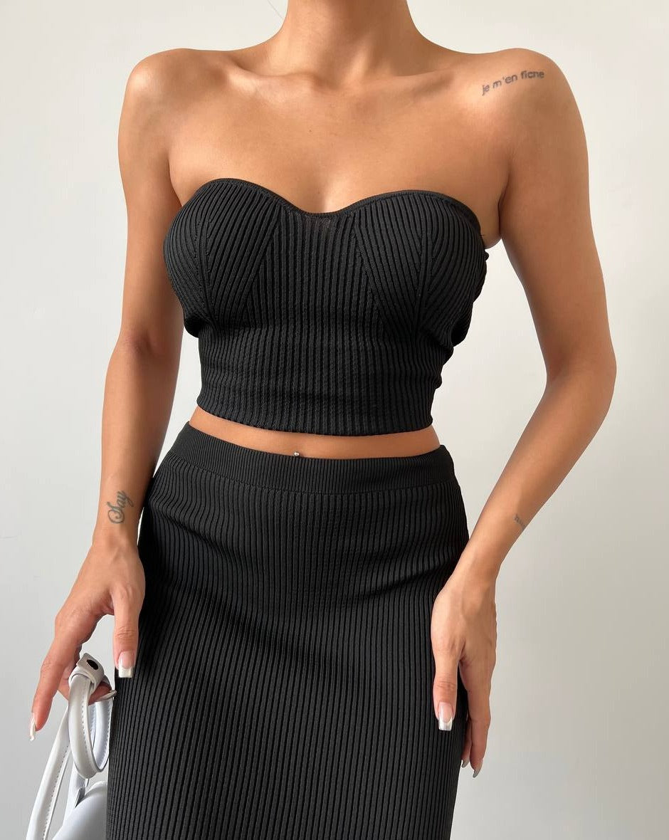 PRE-ORDER Val Knitted Two-Piece Crop Top and Midi Skirt Set - Black
