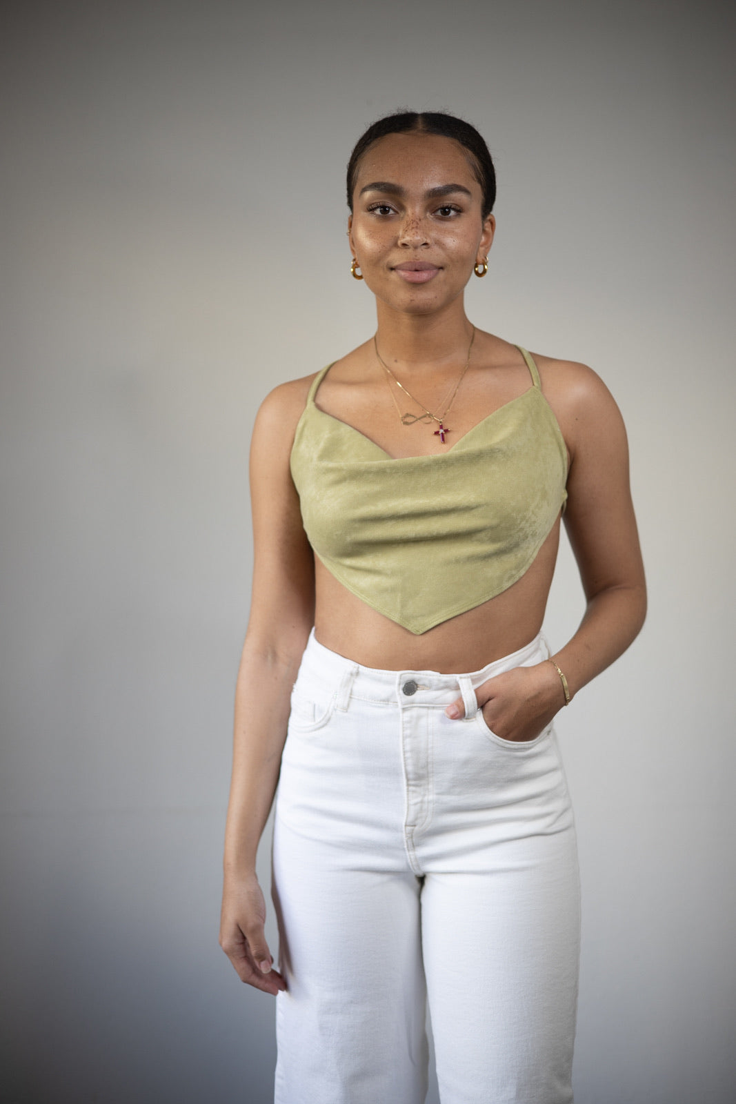 Trendy Avocado Green Scarf Style Crop Top with Open Tie Back