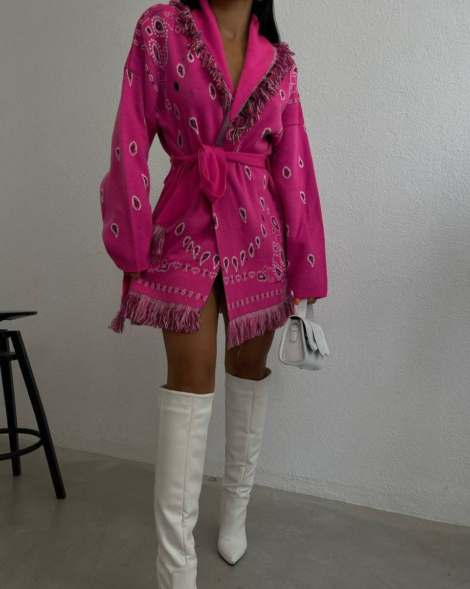 Rue Jacquard Bandana Embroidered Fringed Cardigan In Pink & White