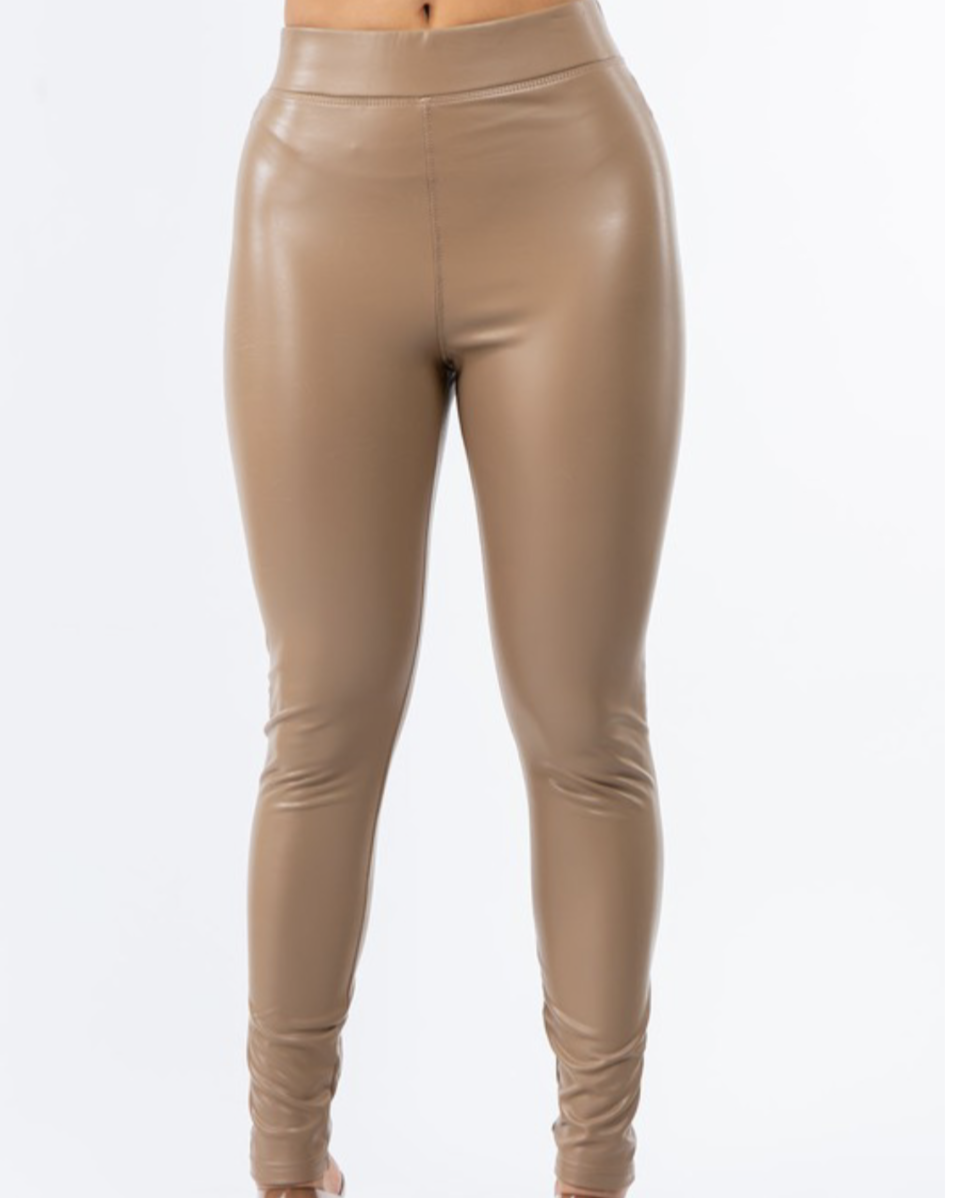 Close-up of the Val Cappuccino High Waisted Faux Leather Leggings, emphasizing the rich cappuccino color and stretchy material for added comfort.