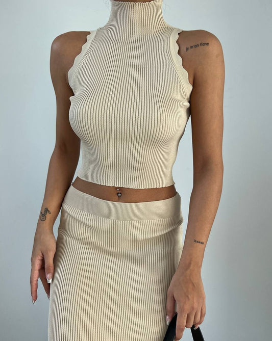 PRE-ORDER Gia Two-Piece Knitted Midi Skirt and Crop Top Set - Beige